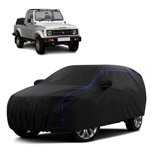 Image of Sulfar 100% Water Resistant Car Body Cover Compatible with Mirror for Maruti Suzuki Gypsy (Triple Stitched, Full Bottom Elastic, Black Tafetta with Blue Piping)