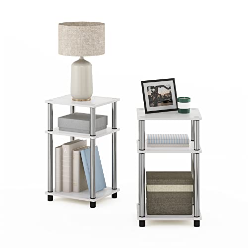 Image of Furinno JUST Side Table Set of 2, 3-Tier Modern End Tables, Toolless Assembly Night Stand, Nightstand, Toolless Assembly, for Living Room, Bedroom, White Oak /Stainless Steel