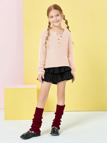 Image of rrhss Girls Waffle Knit Sweaters Trendy Henley Button V Neck Long Sleeve Pullover Jumper Tops