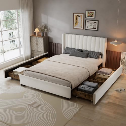 Merax 4ft6 Double Upholstered Bed Frame with 4 Storage Drawers, Velvet Storage Bed 135 x 190 cm, Double Bed Frame with Soft Backrest & Wooden Slats, Modern Bed for Adults & Teenagers, Beige