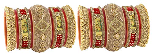 Image of NMII Traditional Gold Plated Acrylic Bangles Bridal Chuda Set For Women & Girls with Zircon Diamond & Pearls Beads Work | Royal Wedding Chudas | Premium Look | Bangles For Wedding, Festive, Function