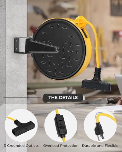 Wilawels 30 Ft Retractable Extension Cord Reel, 16/3 Gauge Sjtw Power Cord With 3 Electrical Outlets Pigtail For Garage And Shop thumb #3