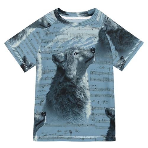 Boys Short Sleeve T-Shirts Music Note Wolves Rashguard Kids Swim Shirts Sun UPF 50+