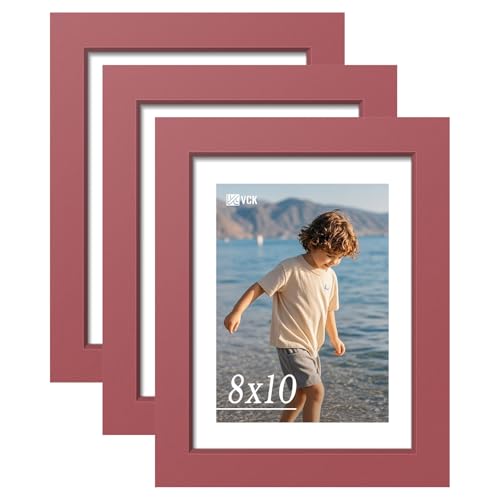 Image of VCK 8x10 Picture Frame Set of 3 - Red, Wide Border Solid Wood Frame, Display Pictures in Horizontal and Vertical, for Home, Office, Gallery, Woodgrain Series, Wall Hanging