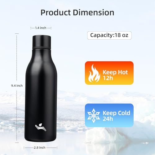 Image of Konokyo Insulated Water Bottle with Strap,18 oz Double Wall Stainless Steel Vacuum Bottles Metal Water Flask,Black