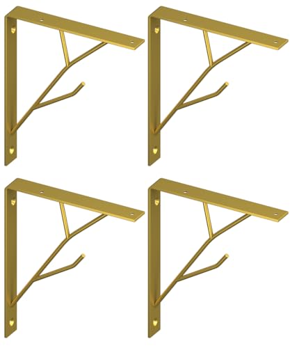 Mocomax 8 Inch Decorative Shelf Brackets, Heavy Duty Floating Shelves, Wall Mount Shelving Bracket, Hardware L Shape Tree Branch Metal Corner Brace Supporter for DIY Open Shelving, 4 Packs Gold