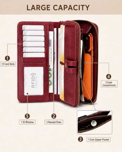 Image of Womens Wallet Rfid Blocking Bifold Leather Wristlet Cute Long Clutch Red | Large Capacity Card Holder Wallet Purse with Zipper,ID Window,Strap for Female Ladies Teen Girls