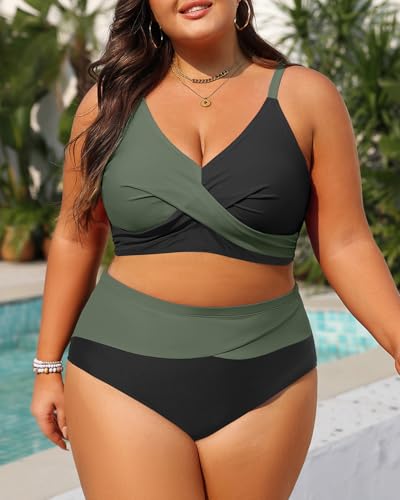 Image of Tempt Me Plus Size High Waisted Two Piece Swimsuit Color Block Bikini Set | Removable Padded Cups for Large Bust, Twist front Design, Color Block Style, Adjustable Straps