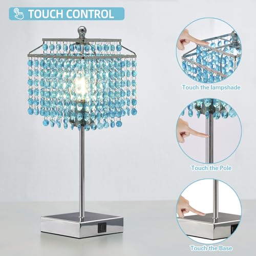 Image of Luvkczc Crystal Table Lamp with Touch Control, Bedside Crystal Table Lamp | with USB C+A Ports, Dimmable Lamp for Girls Bedroom, Living Room, Light Blue & B11 LED Bulb Included
