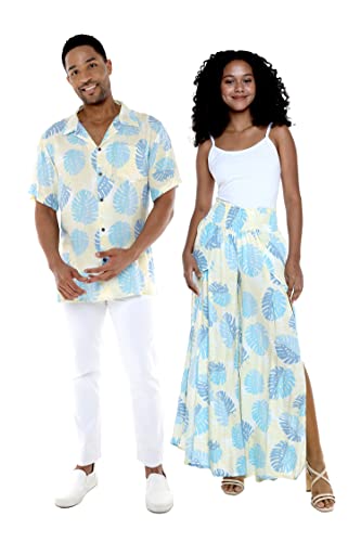 Matchable Couple Hawaiian Luau Shirt or Wide Legged Pants in Pacific Palm Cream - Main Image