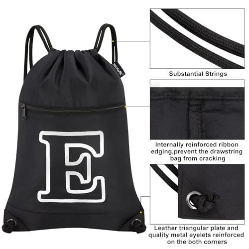Image of HOLYLUCK Drawstring Bags Initial Backpack Sackpack Cinch Bags for Sports, Gym, Travel, Beach (Black-E)