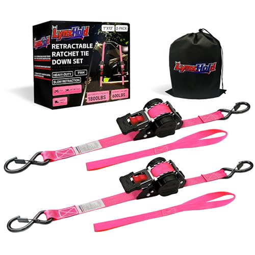 Image of Retractable Ratchet Straps 1 inch x 13Ft, Heavy Duty Self Retracting Tie Down Straps, 1800lb Break Strength Auto Retract Cargo Straps for Truck, Trailer, Motorcycle, ATV, UTV, (Pink, 2 Pack)