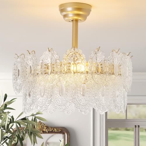 Image of 20 inch Gold Fandelier Ceiling Fans with Lights, Crystal Chandelier Ceiling Fans with Lights Remote Control, Mid Century French Caged Fandelier with 6 Speeds for Bedroom, Living Room