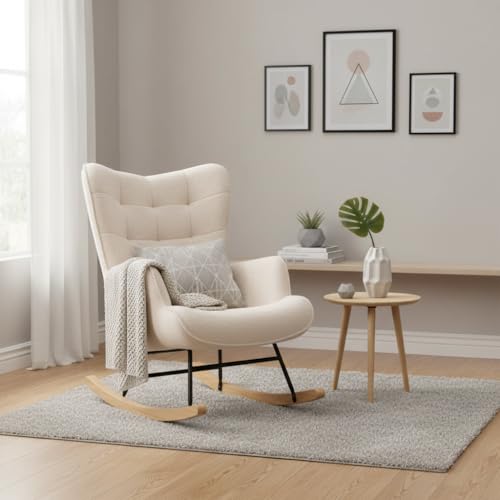Fauteuil à Bascule Scandinave, Rocking Chair Confortable avec Haut Dossier, Pieds à Bascule en Bois Massif et Structure en Métal, Idéal pour Salon, Chambre et Bébé