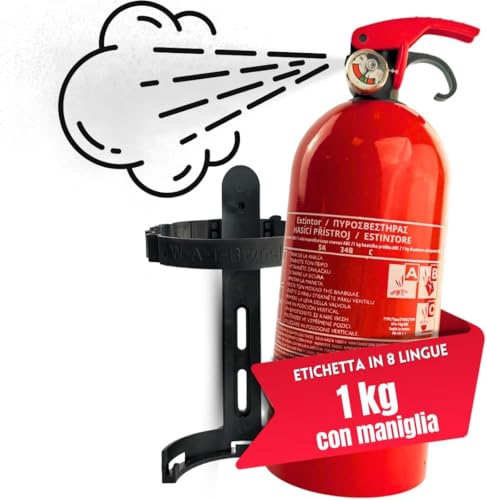 notlok Safety Work - Estintore a polvere da 1 kg ABC + E < 1000 V | 3 anni di garanzia | Mini estintore domestico a pressione continua ideale per la cucina, per l'auto | + supporto per estintore