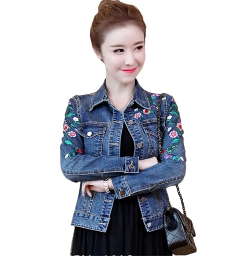 Women's Embroidered Flower Denim Jacket Short Coat Vintage Slim Jeans Outwear Tops
