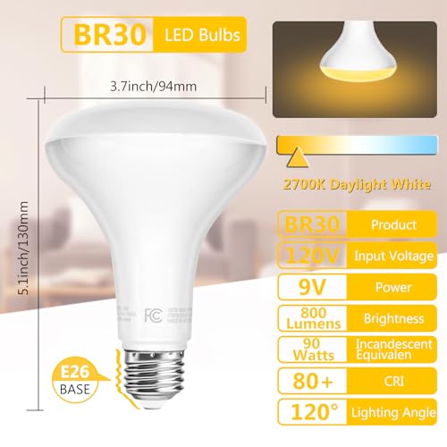 Image of dalattin 6 Pack BR30 LED Bulbs 65W Equivalent, Dimmable Indoor Flood Lights 2700K Soft White, 9W, 800 Lumens, E26 Base, LED Recessed Light Bulb for Living Room, Bedroom, Bathroom, Kitchen