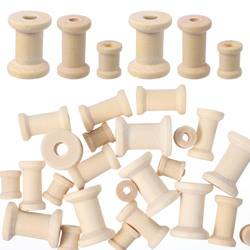 30 Pcs Wooden Spools, 3 Sizes Natural Wooden Spools for Crafts, Unfinished Empty Bobbins for Sewing Embroidery Machines, Wire Weaving, Thread Cord Ribbon Organizer, Arts Crafts DIY Textile Projects