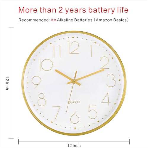 Image of Foxtop 12 inch Gold Wall Clock Silent Battery Operated Modern Metal Clock