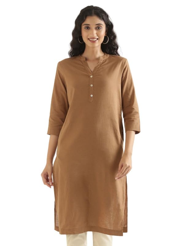 Image of SAADAA Women's Linen Straight Fit Straight Long Kurta Airy Plain Kurta, 3 /4 Sleeve, Knee Length Kurtis with Pockets, Casual and Office Wear