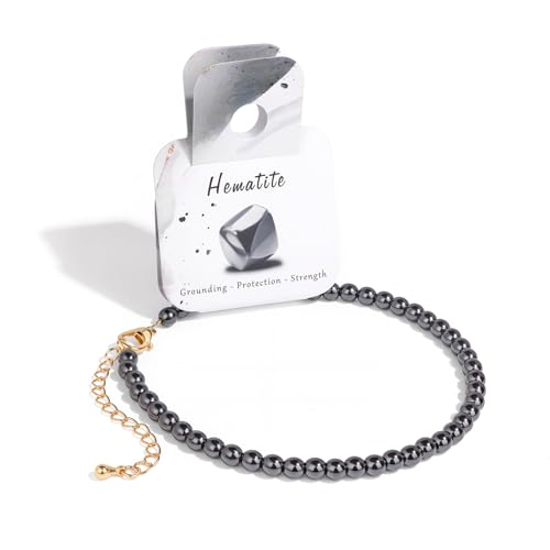 Bolinailo Natural Stone Beaded Anklets for Women Handmade Boho Hematite 4mm Beaded Anklets Gold Chain Adjustable Ankles Bracelet Beach Summer Jewelry Gift