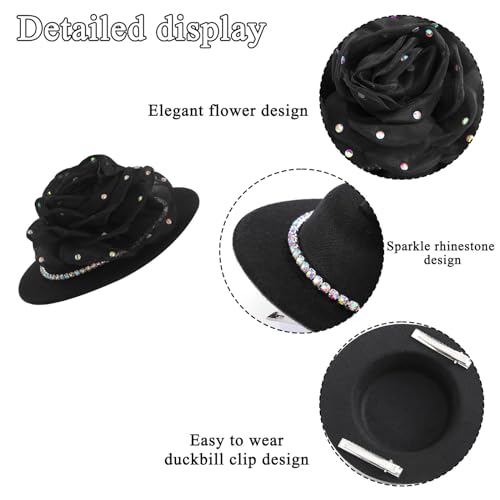 Bohend Fascinator Hat Flower Black Vintage Derby Hat Tea Party Wedding Hair Accessories with Rhinestone for Women and Girls4