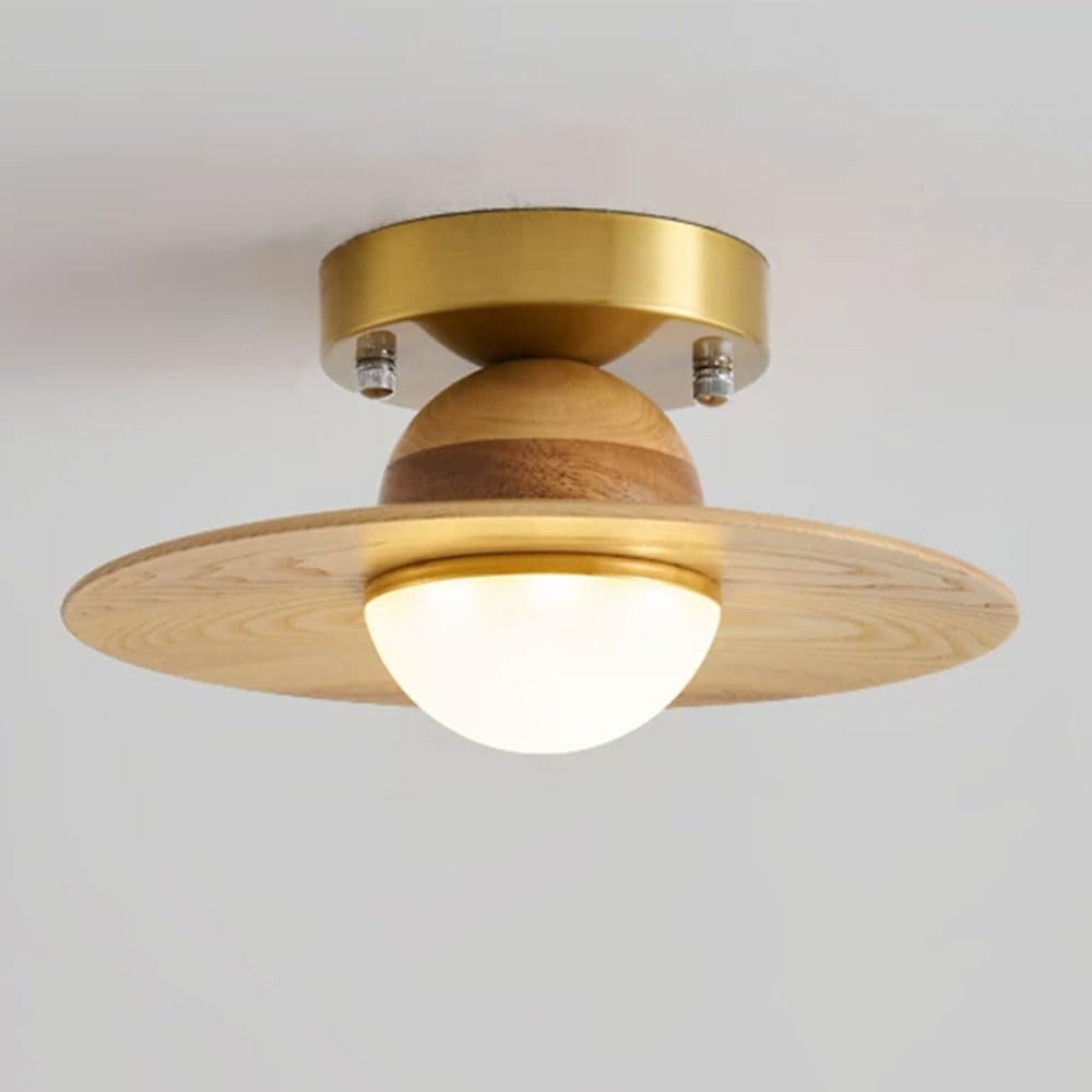 YGZPALH Vintage Walnut Ceiling Light Fixture for Dining Room Semi-Flush Mount Ceiling Lamp Mid Century Modern Light Fixtures Natural Oak Shade Ceiling Mount Corridor Lamp for Bedroom Living Room