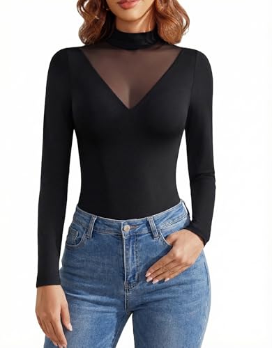 Avidlove Women Long Sleeve Bodysuit Mock Turtleneck Thong Body Suits Double Lined Leotard Going Out Tops Black M