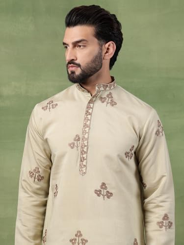 Image of SOJANYA (Since 1958 Men's Cotton Contrast Coffee Thread Embroidered Long Kurta
