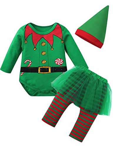MOMBEBE COSLAND Disfraz de Elfo Navideño para Bebés Niñas - Conjunto Verde para Navidad - 3 a 6 Meses