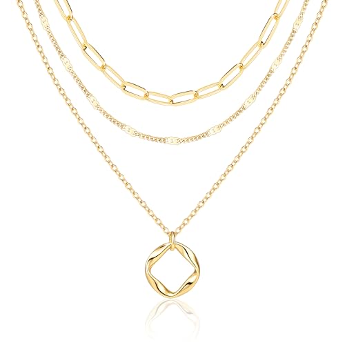 Layered Necklaces for Women,14k Gold Plated Dainty Stackable Choker Necklaces for Women,Trendy Layering Circle Paperclip Chain Pendant Jewelry Set Gifts