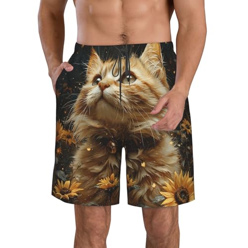 Mens Swim Trunks Board Shorts Quick Dry Shorts with Pockets - Sunflower Cat