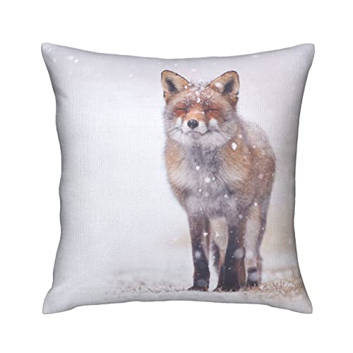 Varun Square Throw Pillow Covers Cute Smiling Fox In Snow Pillow Cases Decorative For Home Bedroom Sofa Winter Falling Snowflakes Beautiful Painting Pillowcases Standard Size 18X18 Inch #TOP24