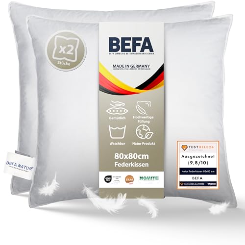 BEFA NATUR Federkissen 80x80 cm extra fest (2 Stück) | Kopfkissen Set 100% Federn | 3000g Füllgewicht/Stück | Allergiker (NOMITE) | Tierwohl...