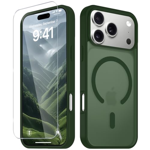 Image of YENAPOON for iPhone 17 Pro Max Case, Matte Magnetic Phone Cover [with 1 Screen Protector] [Support for MagSafe] [Shockproof Military Grade Protection] Translucent Frosted Back, Sage Green