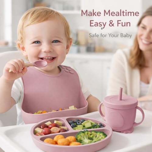 Image of 6 Pcs Silicone Baby Feeding Set | BPA-Free Baby Dinner Set with Suction Plate, Bowl, Bib, Cup, Spoon & Fork | Microwave & Dishwasher Safe | 6+ Months (Pink)