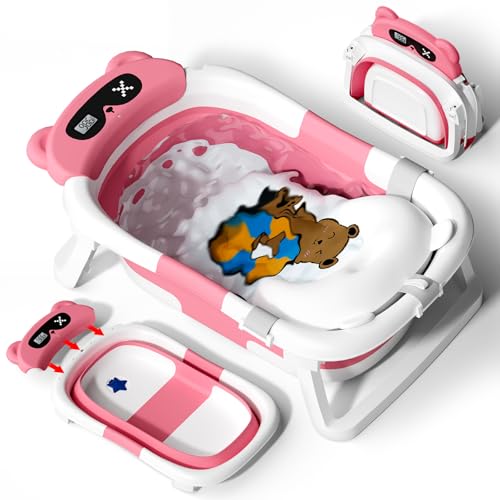 AVIDOR Baby Bathtub,Collapsible Bathtub for Newborn to Toddler,Durable Essential Infant Bath Tub,Portable Travel Baby Tub with Soft Cushion,No-Slip Hanging and Detachable(Rose Pink)