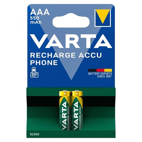 VARTA Piles rechargeables AAA, lot de 2, Recharge Accu Phone, 800 mAh Ni-MH, prêtes à l'emploi, adaptées aux téléphones sans fil