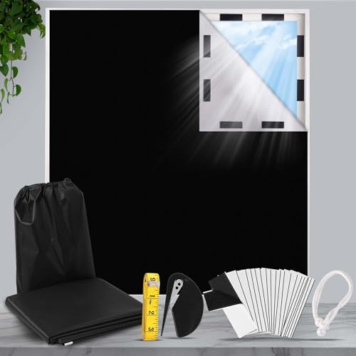 HuiCloud 100% Blackout Blind,300 x 145 CM Stick on Blackout Blinds for Windows,No Drill Portable Temporary Fits Any Size Blackout Blinds with 30Pcs Hook and Loop Tapes for Bedroom Loft Car Travel