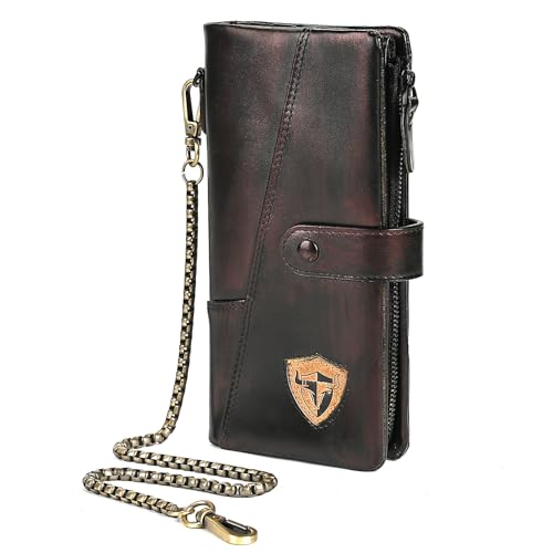 Image of Genuine Crazy Horse Leather Travel Gift Coin Pocket Card Case Long Organizer Chain Rfid Wallet Purse With Snap For Men Male 1803 1815 (1803 Brown 26a)
