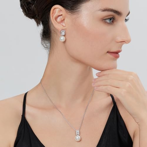 Elegant Pearl Stud Earrings for Women, 925 Sterling Silver & 18K White Gold Plated Cubic Zirconia CZ Large Pearl Earring Jewelry 12MM2