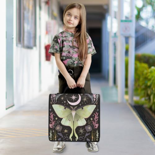 Image of Custom 3 Ring Zipper Binder Green Luna Moth Flowers Moon Stars Personalized Name 1.5 Inch Binders Large Capacity Multi Pockets for School Office Supplies
