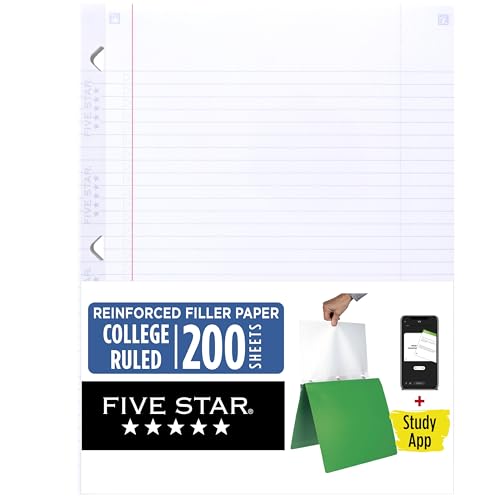 Image of Five Star Loose Leaf Paper + Study App, College Ruled Filler Notebook Paper, Reinforced, Fights Ink Bleed, 8-1 /2 inch x 11 inch, 200 Sheets (170054-ECM)