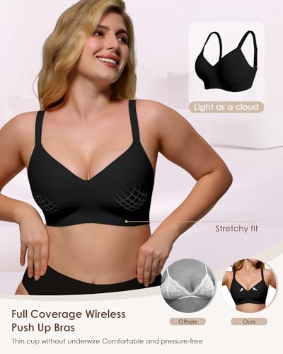 Image of As Fairy Womens Soft Comfortable No Underwire Bras V Neck Seamless Push Up Bralettes Full Coverage Tshirt Brassiere
