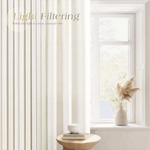 Image of Extra Wide 100 Inch Linen Grommet Curtains for Living Room Cream Sliding Glass Door Curtain Neutral Farmhouse Light Filtering Decor Semi Sheer Privacy Window Drapes 100x90 2 Panels Set Natural Ivory