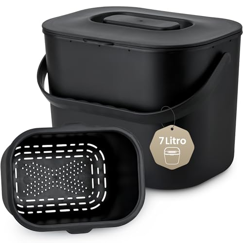 Black Sweden Home Cubo de Cocina Orgánico - Cubo de Compostaje de 7L para Desechos de Alimentos - Pequeño Contenedor de Encimera sin Olores con Tapa - Apto para Lavavajillas y Ecológico | Negro