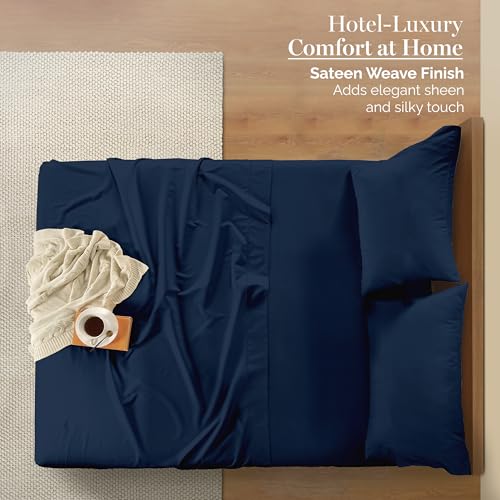 Casa Platino 100% Egyptian Cotton Sheets Twin Size Set - 4 Pcs (1 Flat, 1 Fitted, 2 Pillowcases)- Ultra Smooth Sateen Weave Bed Sheets Set with 15" Deep Pockets - Navy Blue