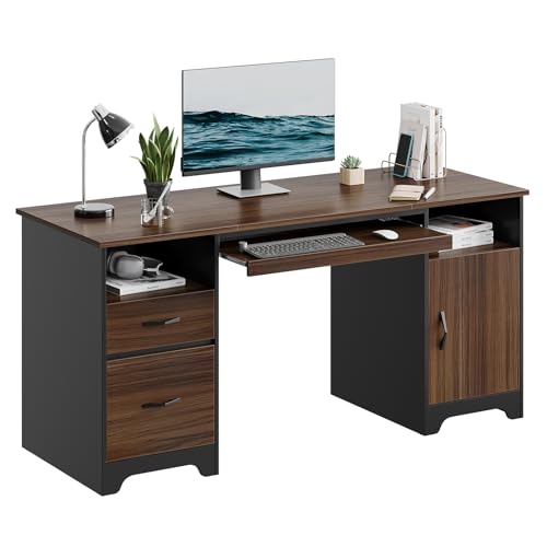 Bestier 59” Executive Desk with 2 Drawers, Computer Desk with Storage Cabinet, Industrial Wood Desk with File Drawer, Keyboard Tray & 2 Pedestals for Home Office & Studio, Cherry
