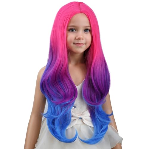 Image of PATTNIUM Rose Ombre Blue Wig Hot Pink to Blue Wig for Kids Child Girls Long Wavy Curly Ombre Blue Wig Girls Heat Resistant Synthetic Hair Wigs
