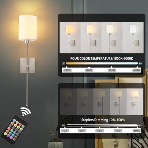 Image of Battery Operated Wall Sconce Set of Two,Wireless Rechargeable Wall Lights With Remote Control,Dimmable,4 CCT,RGB,Timer,Cordless Decor Lighting for Living Room, Bedroom, Entryway, Nickel, 26.8 Inch